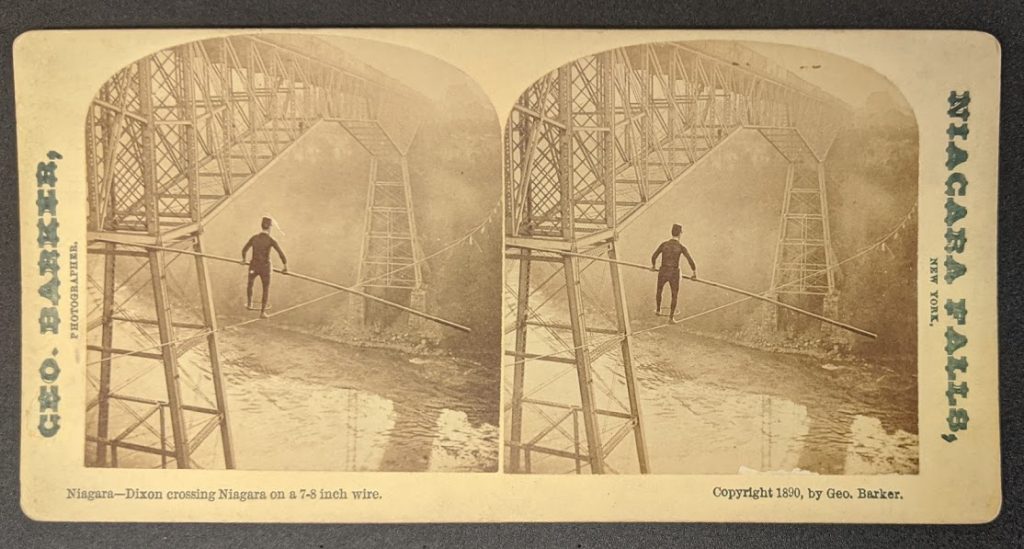 An image from the Stereograph card collection, of Dixon Crossing the Niagara- 1890