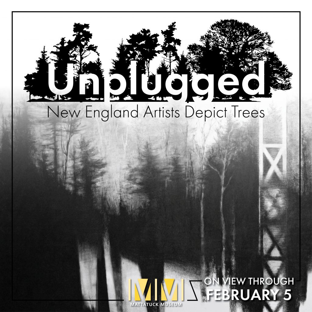 exhibition graphic for the unplugged exhibition with black and white images of trees