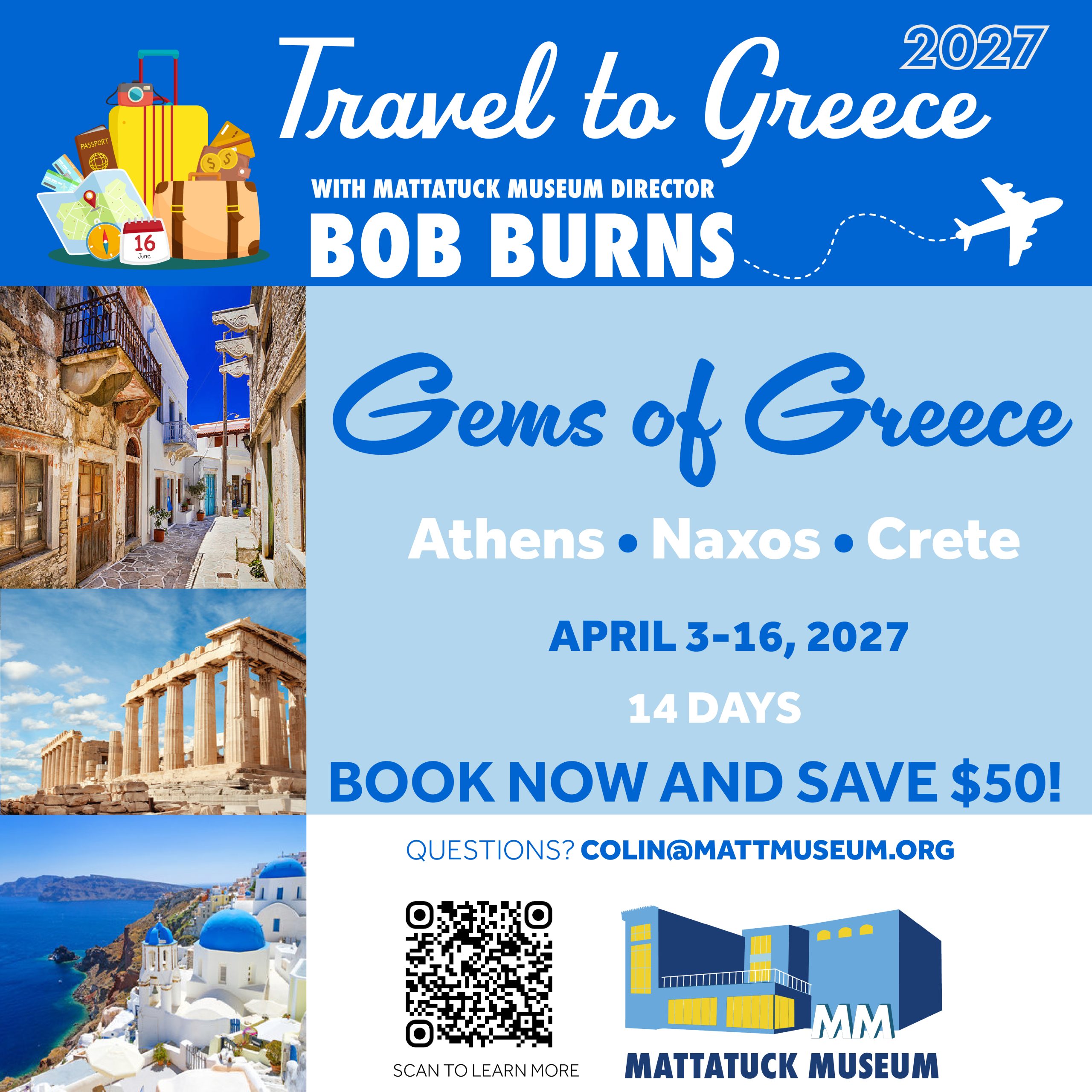 Graphic for travel to Greece with bob burns trip from April 3-16 2027