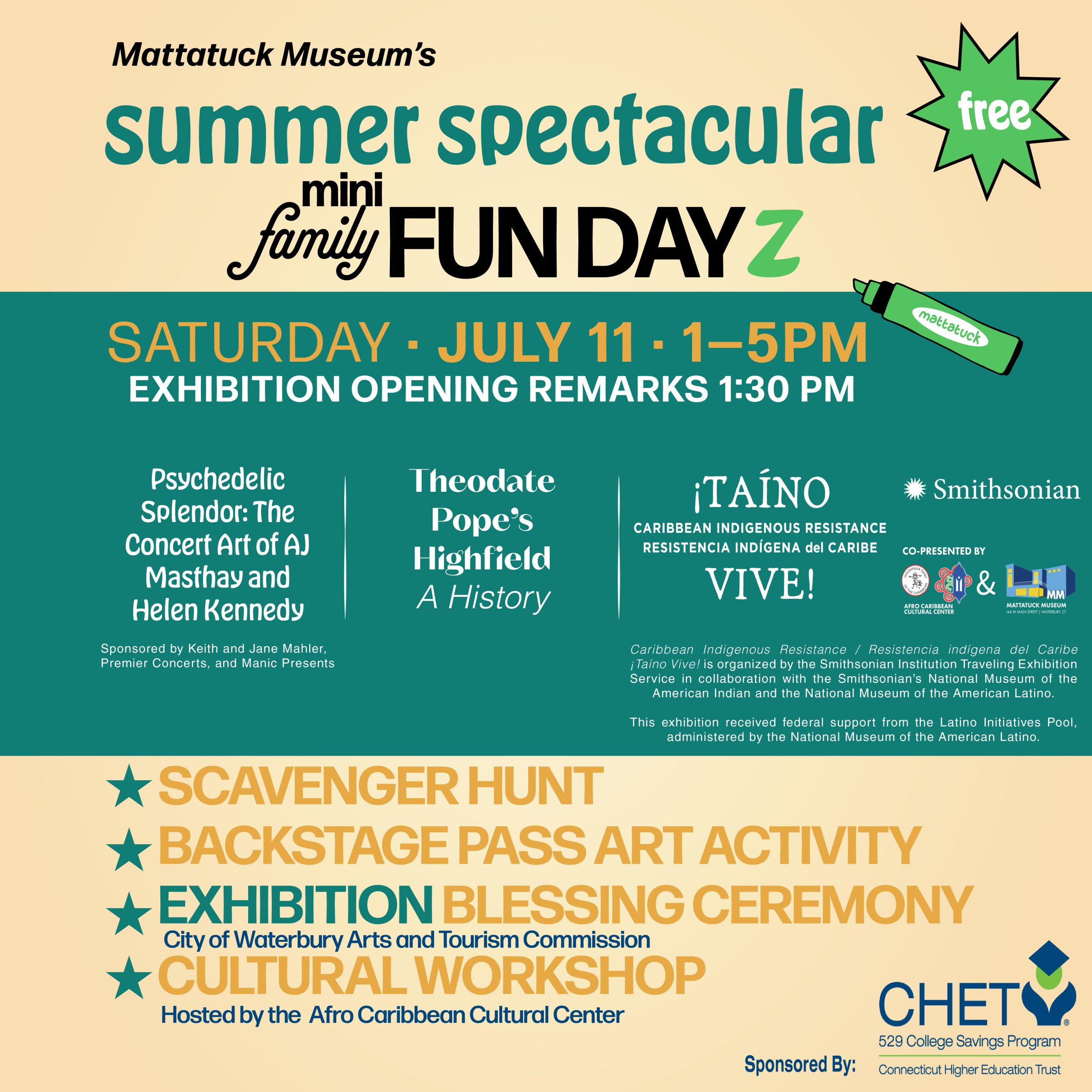 Join us for the Summer Spectacular! This event will include a scavenger hunt, backstage pass art activity, exhibition blessing ceremony, and cultural workshops. The event will take place on July 11th with free entry to all.