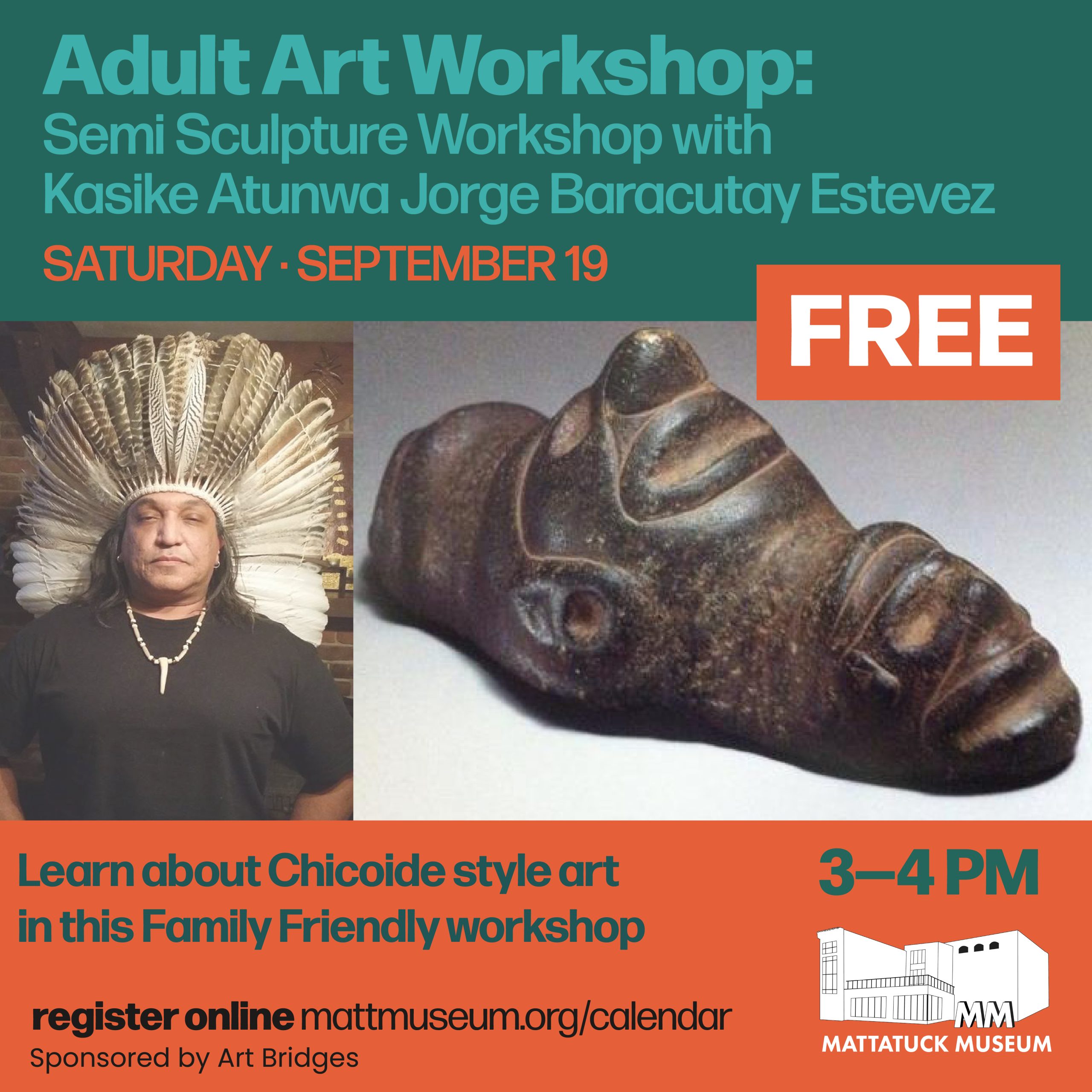 photo of kasike jorge and a clay object for adult art workshop on september 19