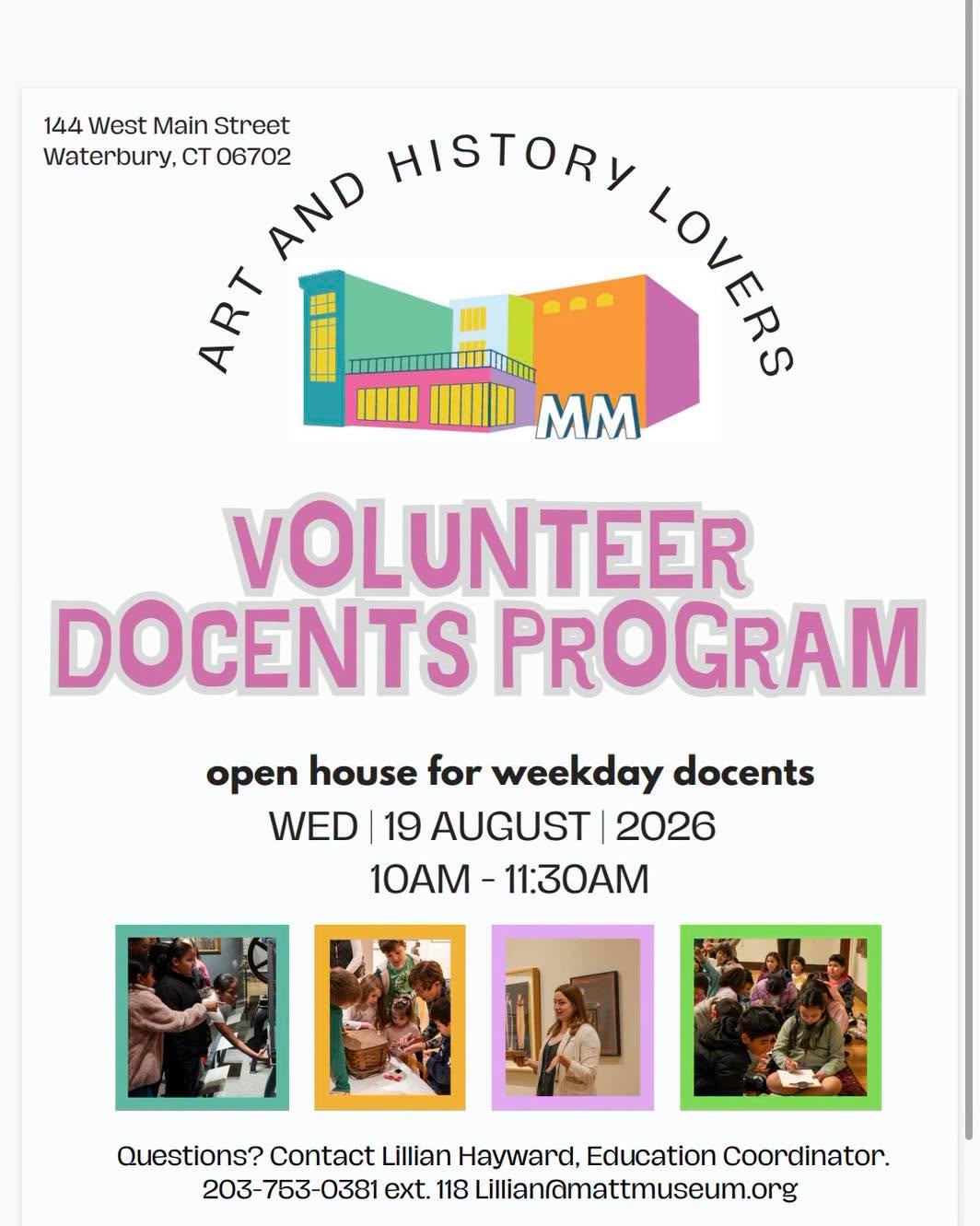 docent open house at the mattatuck museum flyer with colorful logo of building