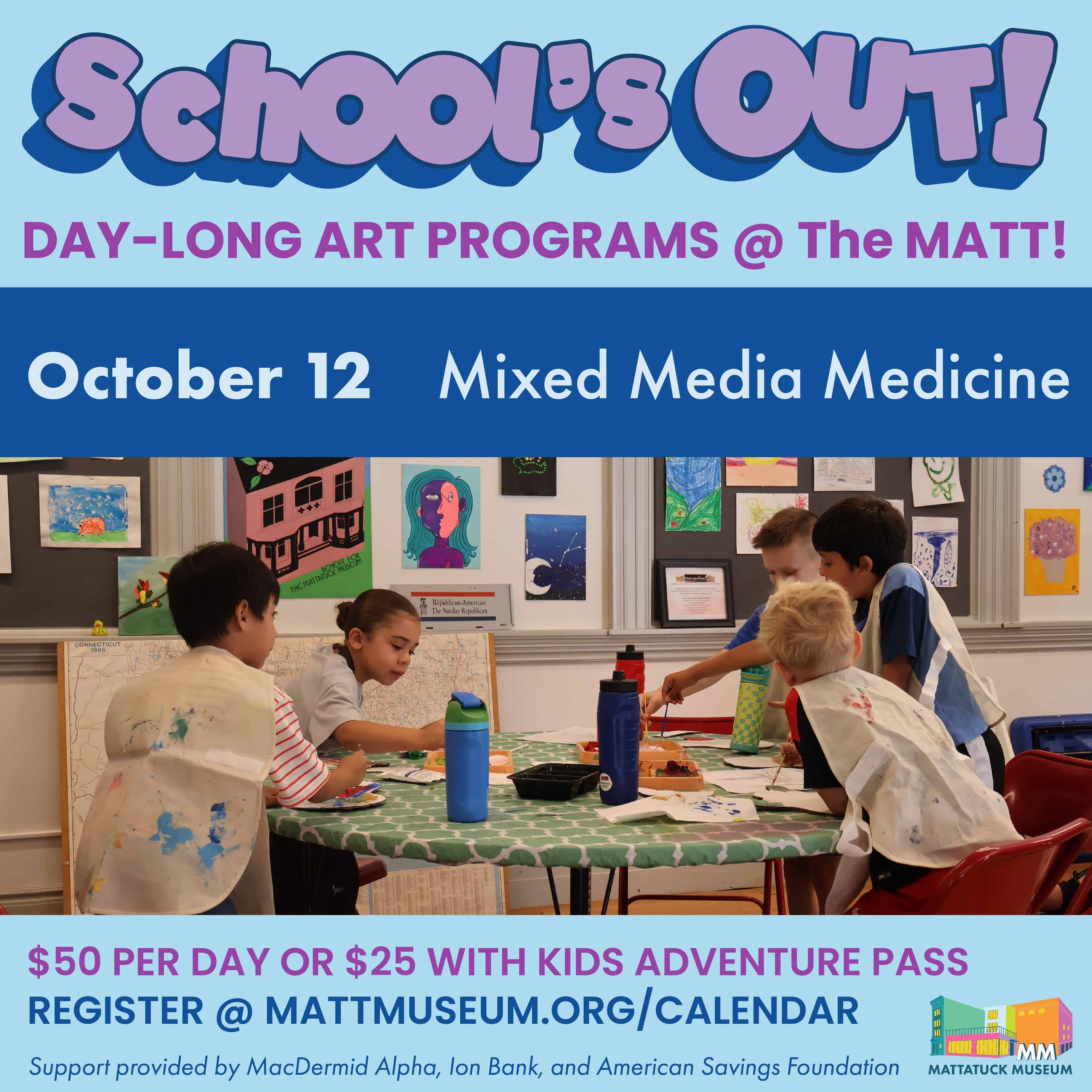 graphic for schools out in october with kids at a table