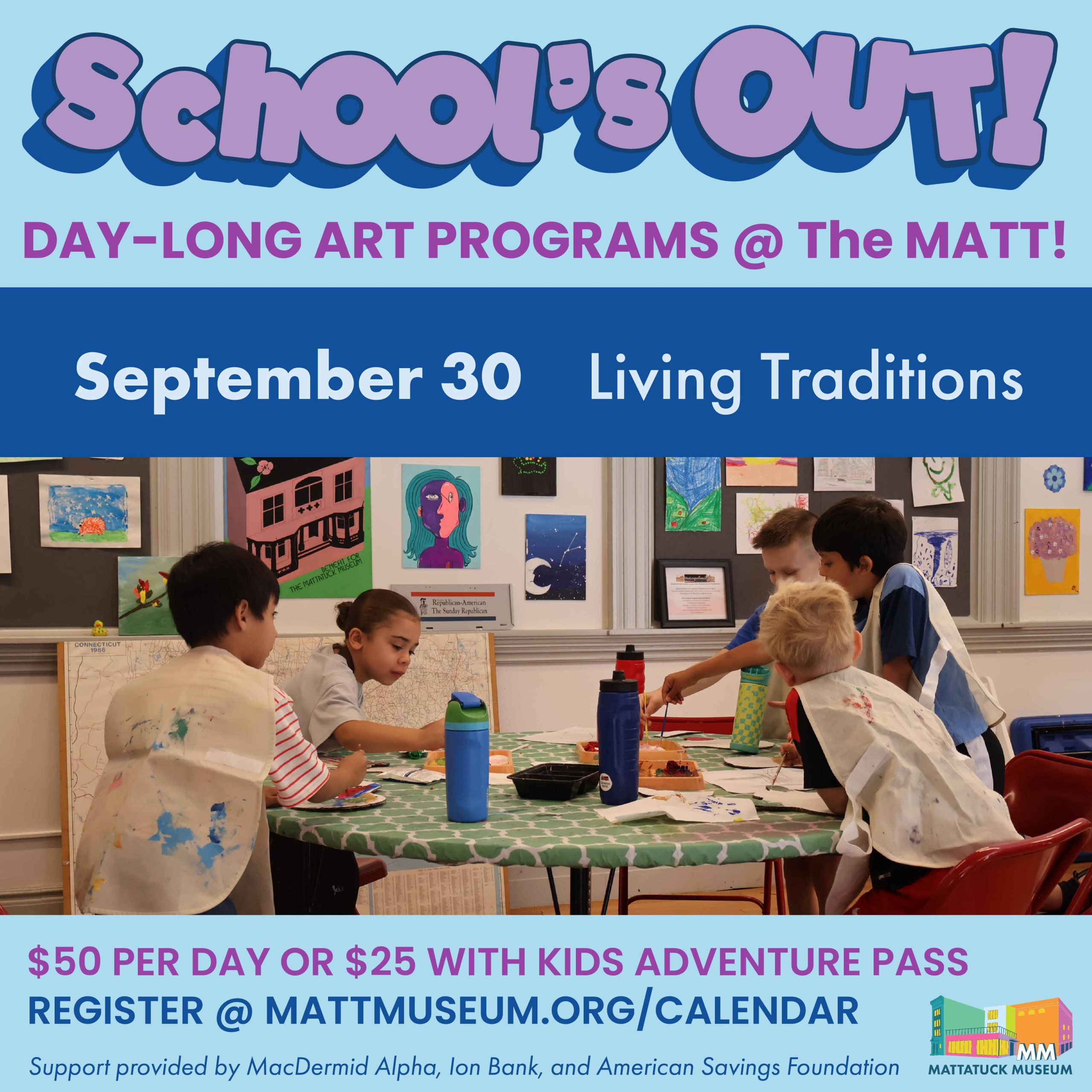 graphic for schools out in september with kids at a table